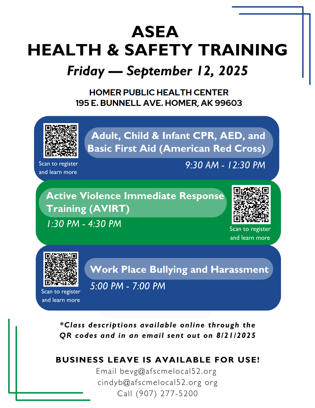 ASEA Health & Safety Training in Homer Sep. 12, 2025