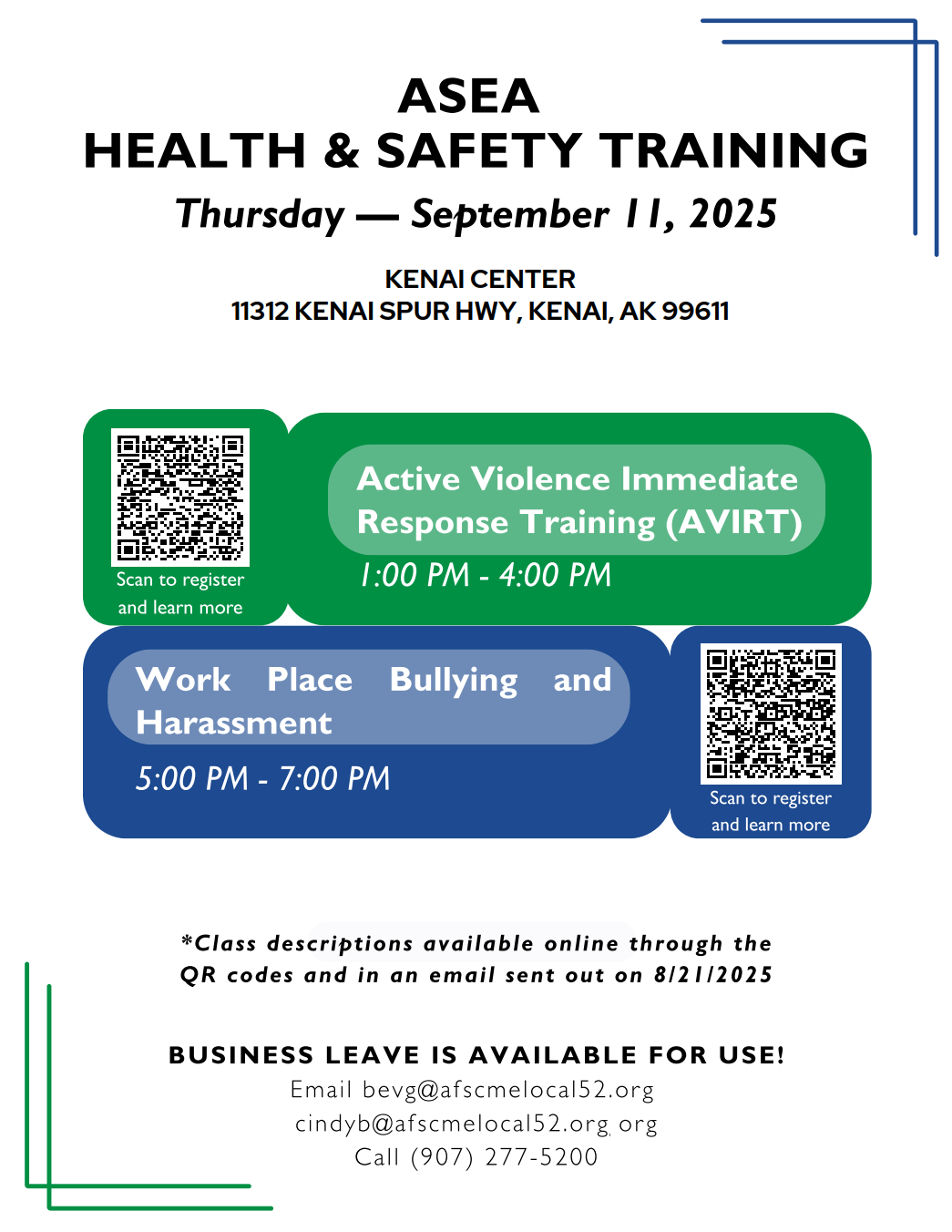 ASEA Health & Safety Training in Kenai Sep. 11, 2025