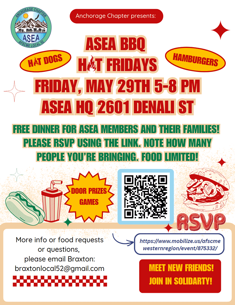 Anchoreage Chapter Hot Friday 5-8 p.m. at ASEA HQ on May 29, 2026