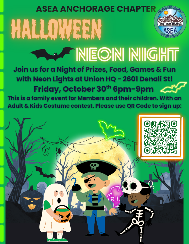 a Halloween event flyer featuring a green background with neon words and figures, a graveyard, people in costumes, event details, and a QR code